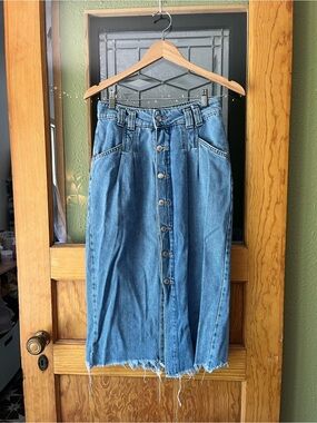 Free People Blue Denim Button-Front Midi Skirt